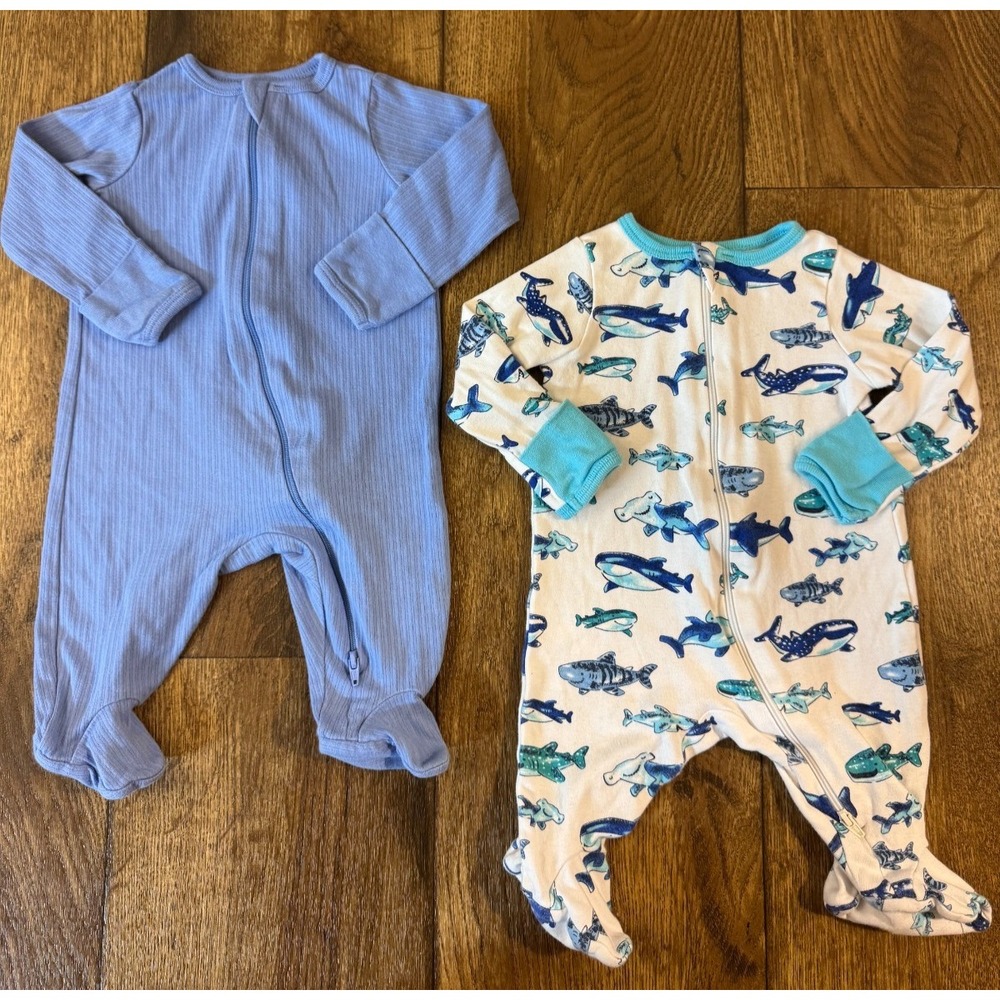 Baby Boy 0/3 Months Footed Sleepers Clothes Shark Ribbed Blue Outfit Rompers Lot